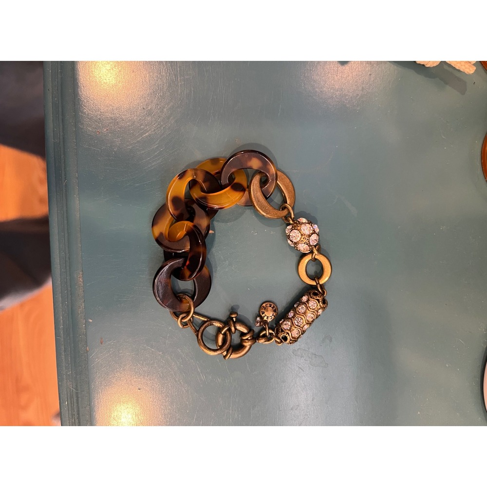 J.Crew Tortoise Shell Link Bracelet Antique Gold Tone Crystal Charms Chunky